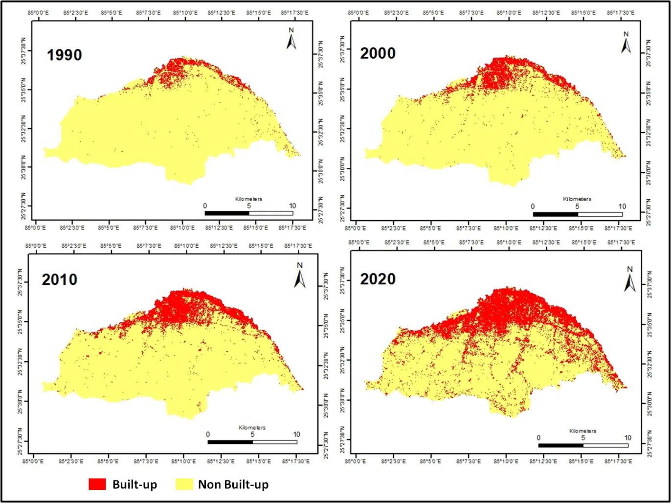 Time-series maps showing the spatial expansion of built-up areas in 1990, 2000, 2010, and 2020