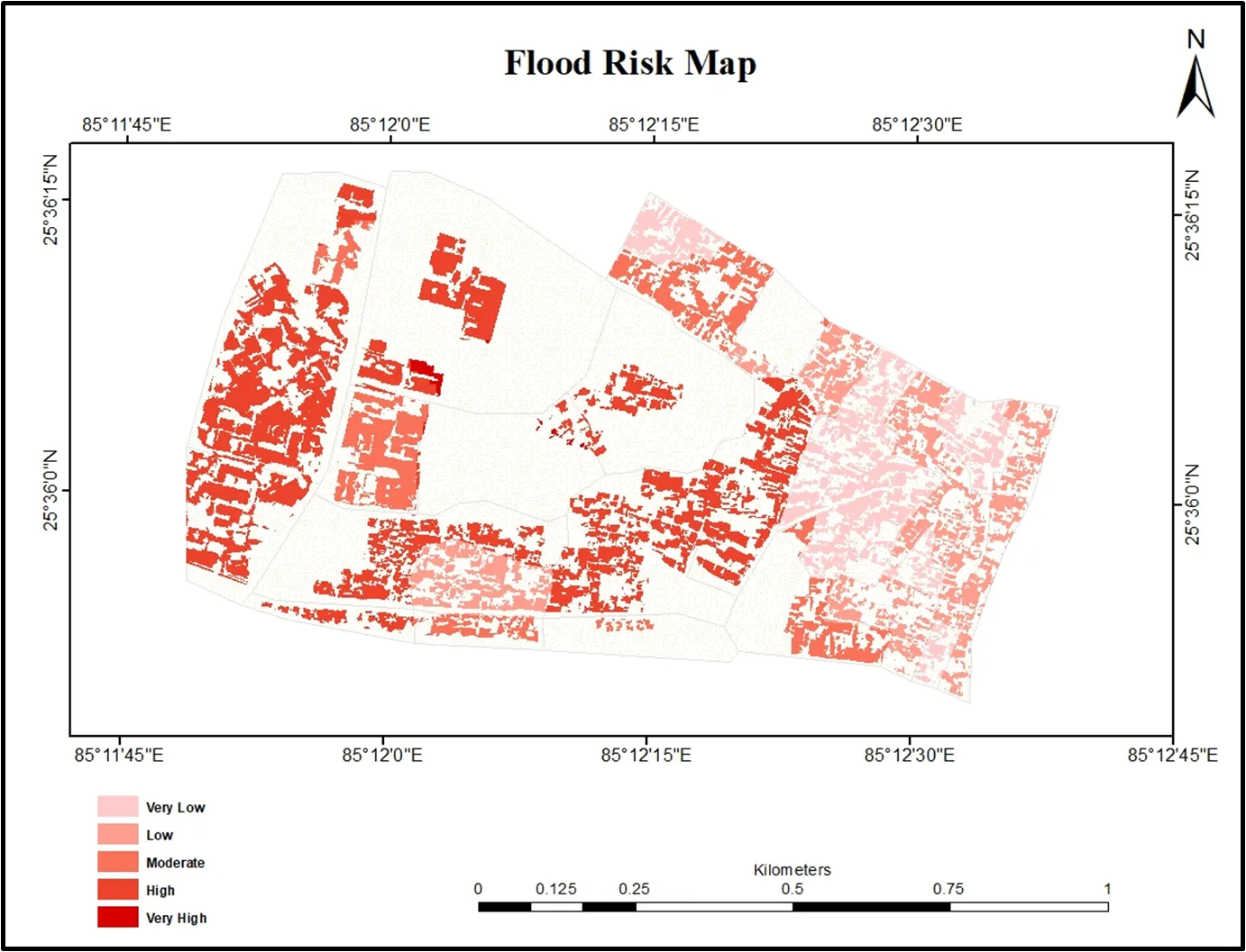 Flood risk zone map showing inundation exposure and landslide susceptibility across a hill city