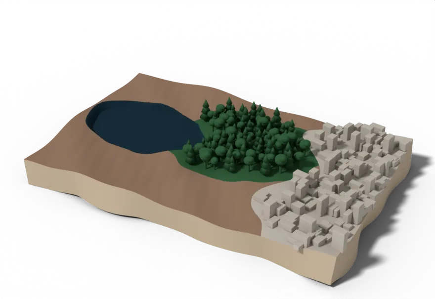 A landscape of lake, forest, ploughed field and town, seen from above in true colour.